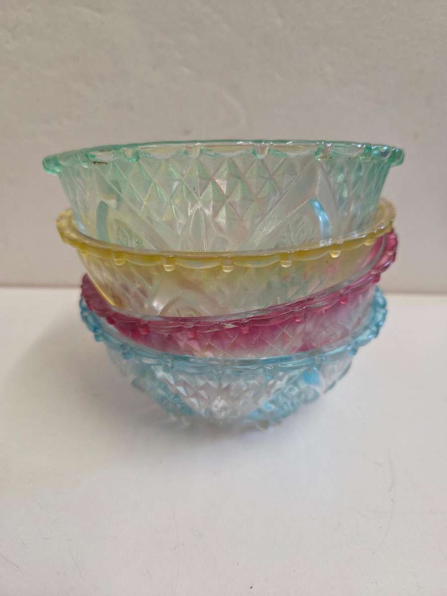 4 x Vintage colored glass pudding bowls with beautiful detail