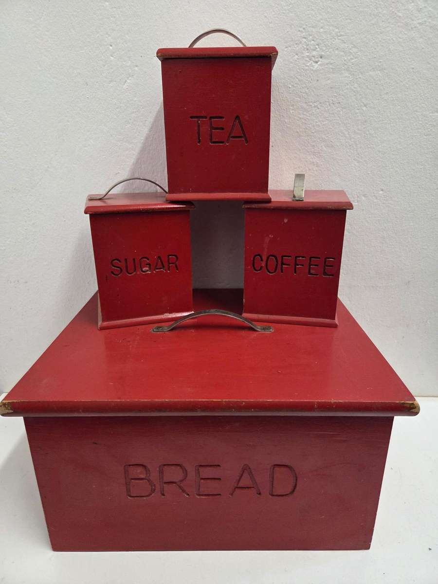 Red Wooden Bread Bin, Sugar, Tea and Coffee containers