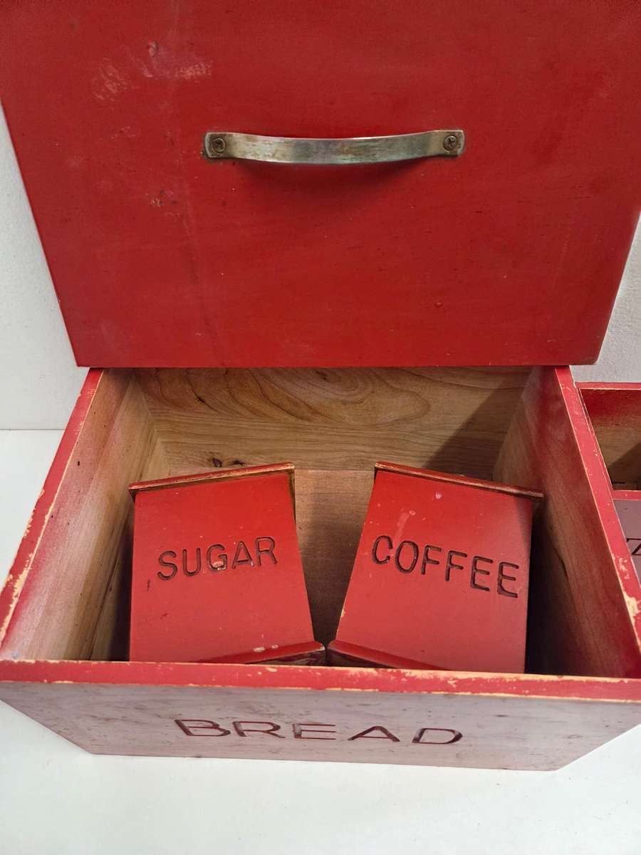 Red Wooden Bread Bin, Sugar, Tea and Coffee containers