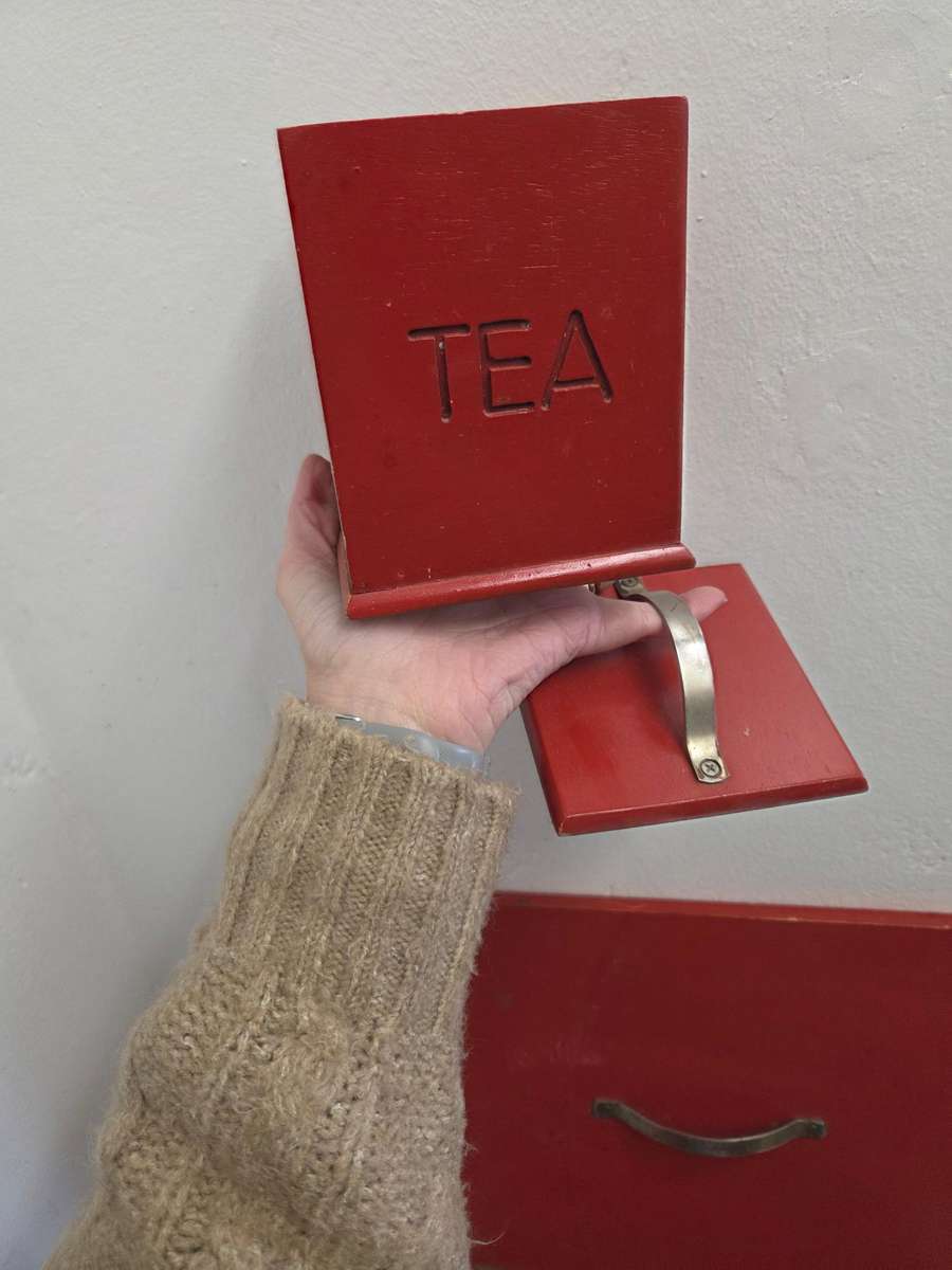 Red Wooden Bread Bin, Sugar, Tea and Coffee containers