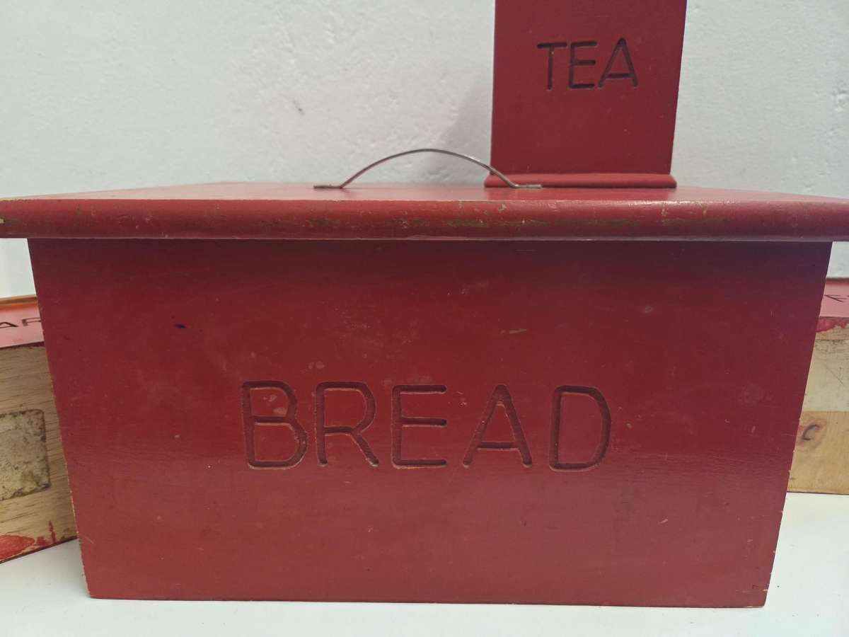 Red Wooden Bread Bin, Sugar, Tea and Coffee containers