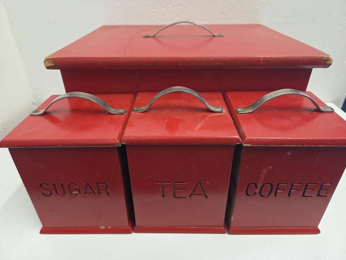 Red Wooden Bread Bin, Sugar, Tea and Coffee containers