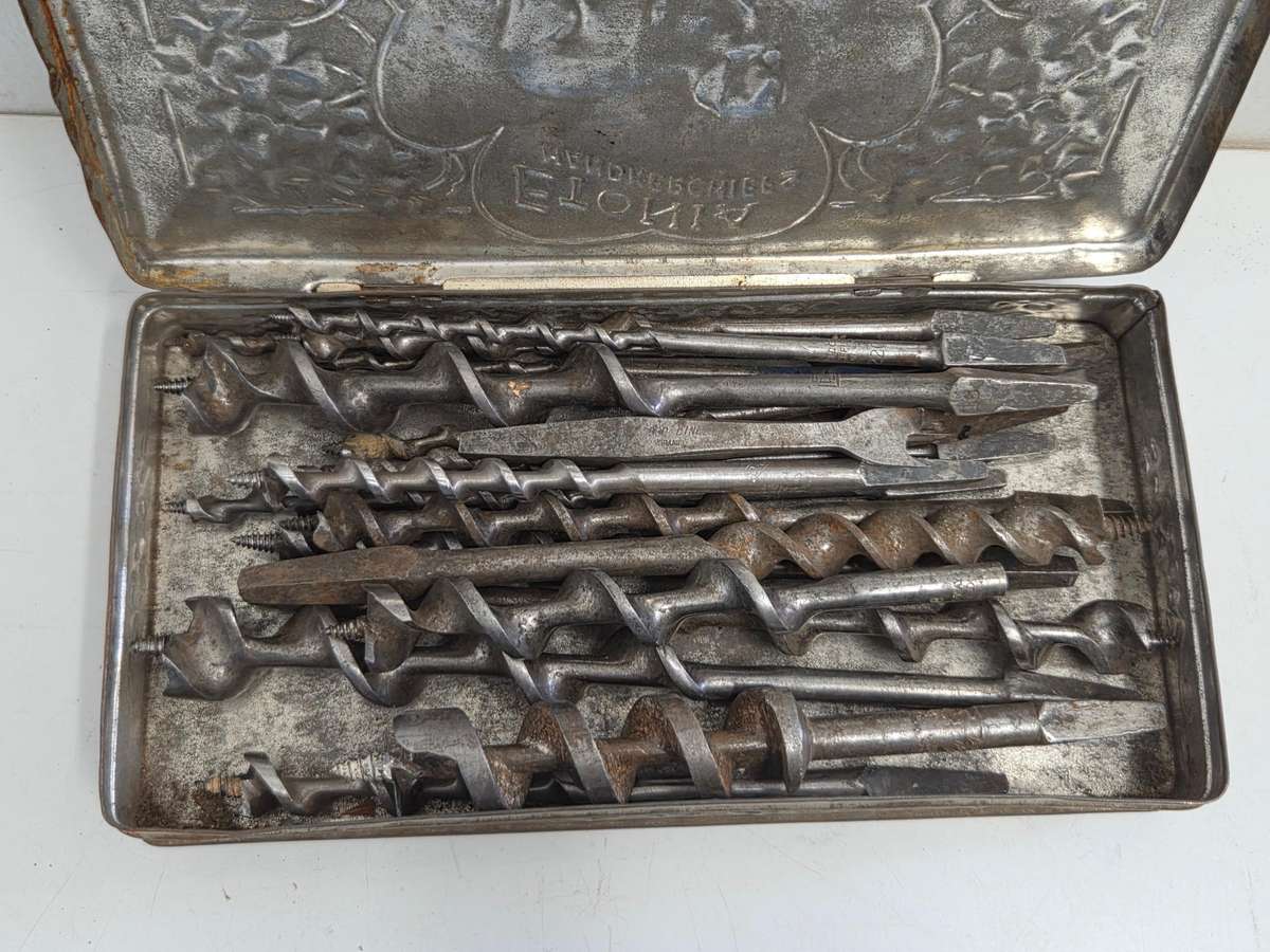 Vintage tin filled with vintage drill bits - see pictures