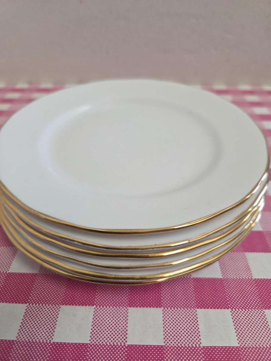 6 x Queen Anne Bone China Cake plates White with gold trim.