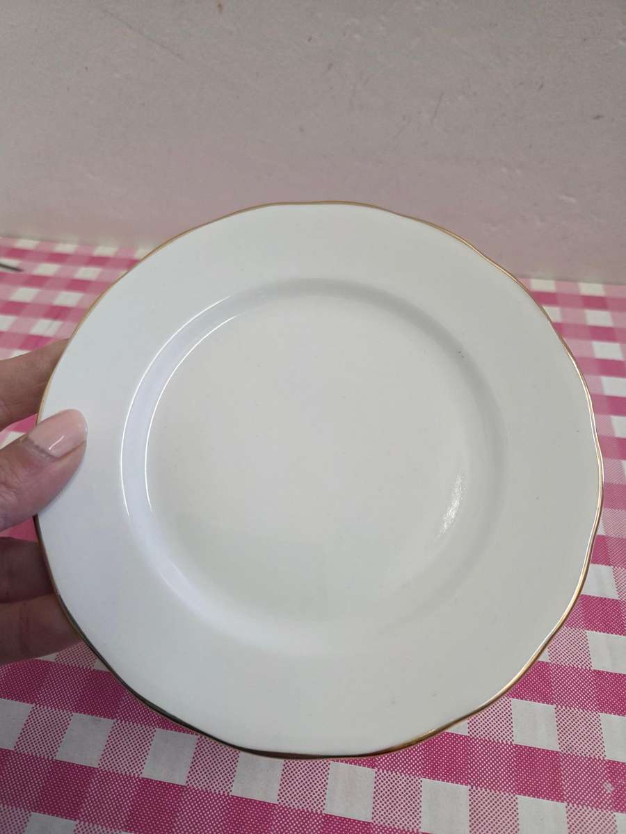 6 x Queen Anne Bone China Cake plates White with gold trim.