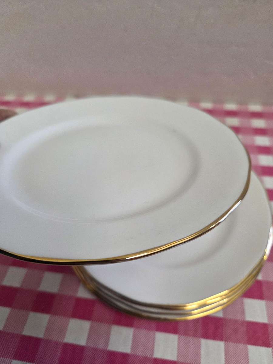 6 x Queen Anne Bone China Cake plates White with gold trim.