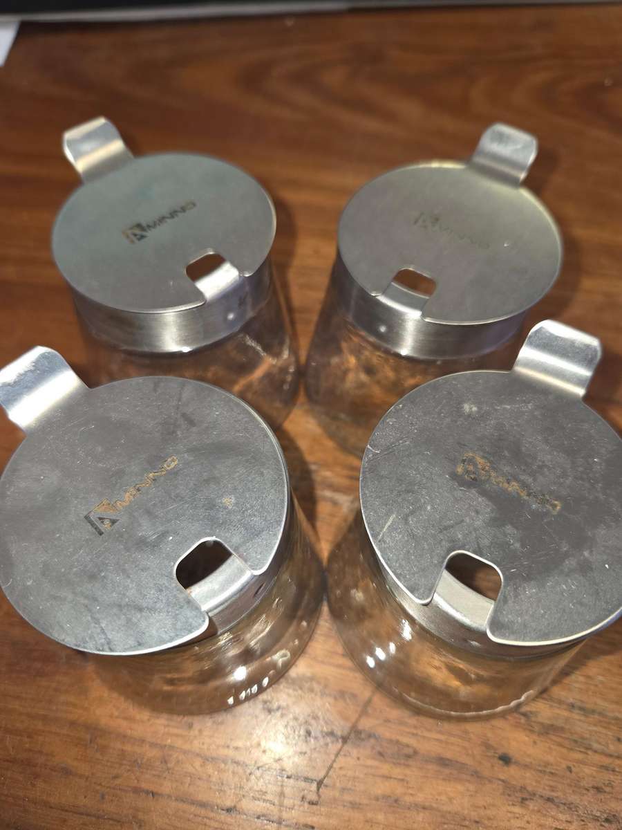 4 x Aminno Glass containers / Sugar bowls / Jam jars with metal lids - Height - 7cm
