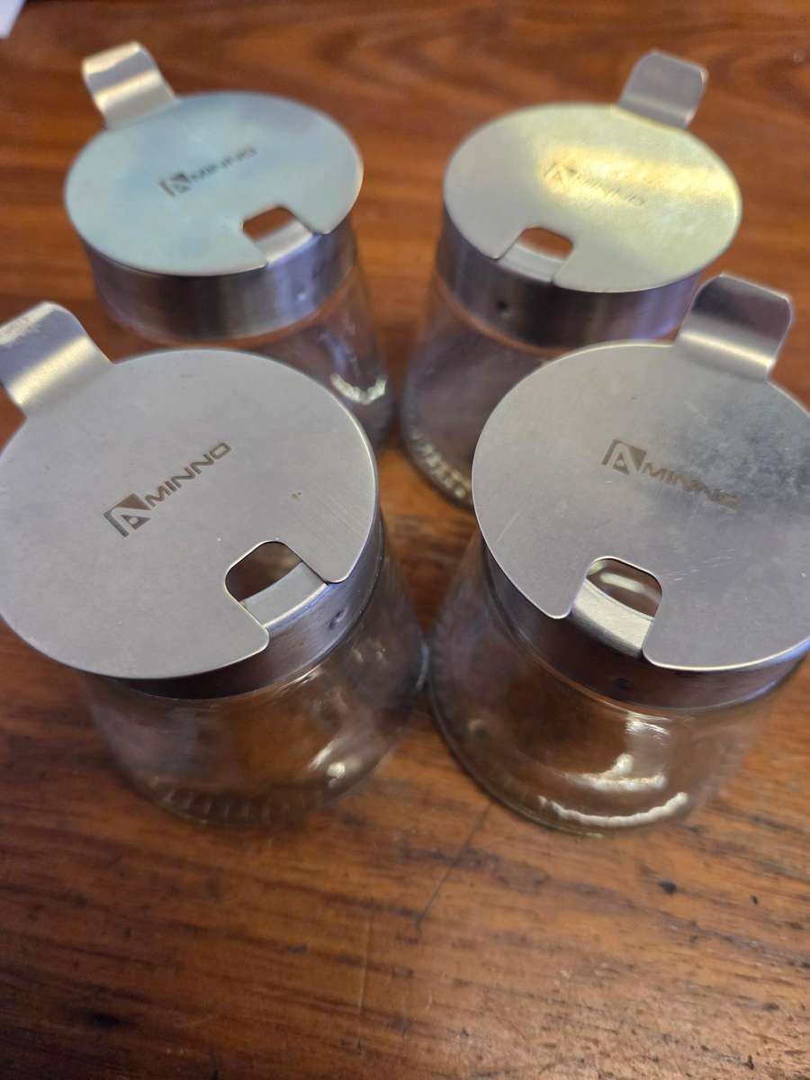 4 x Aminno Glass containers / Sugar bowls / Jam jars with metal lids - Height - 7cm
