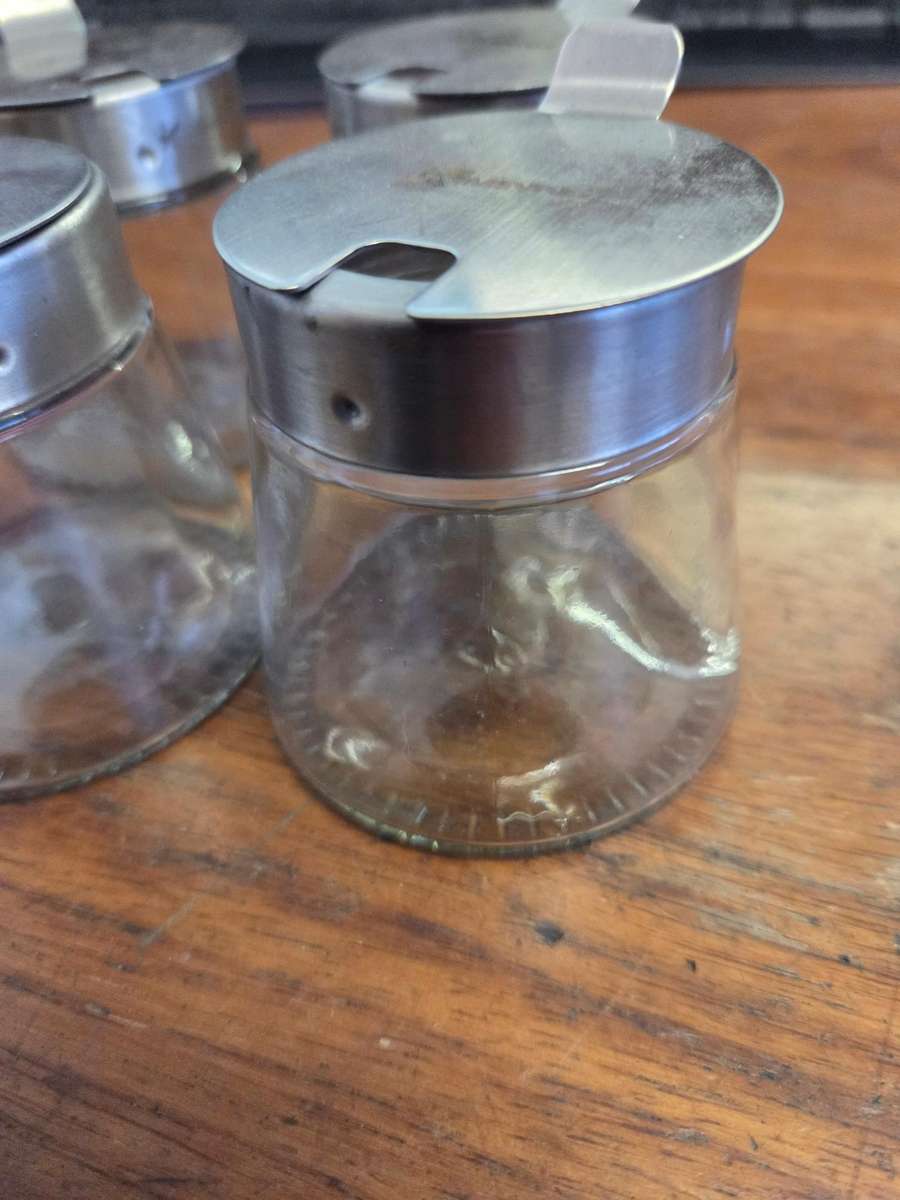 4 x Aminno Glass containers / Sugar bowls / Jam jars with metal lids - Height - 7cm