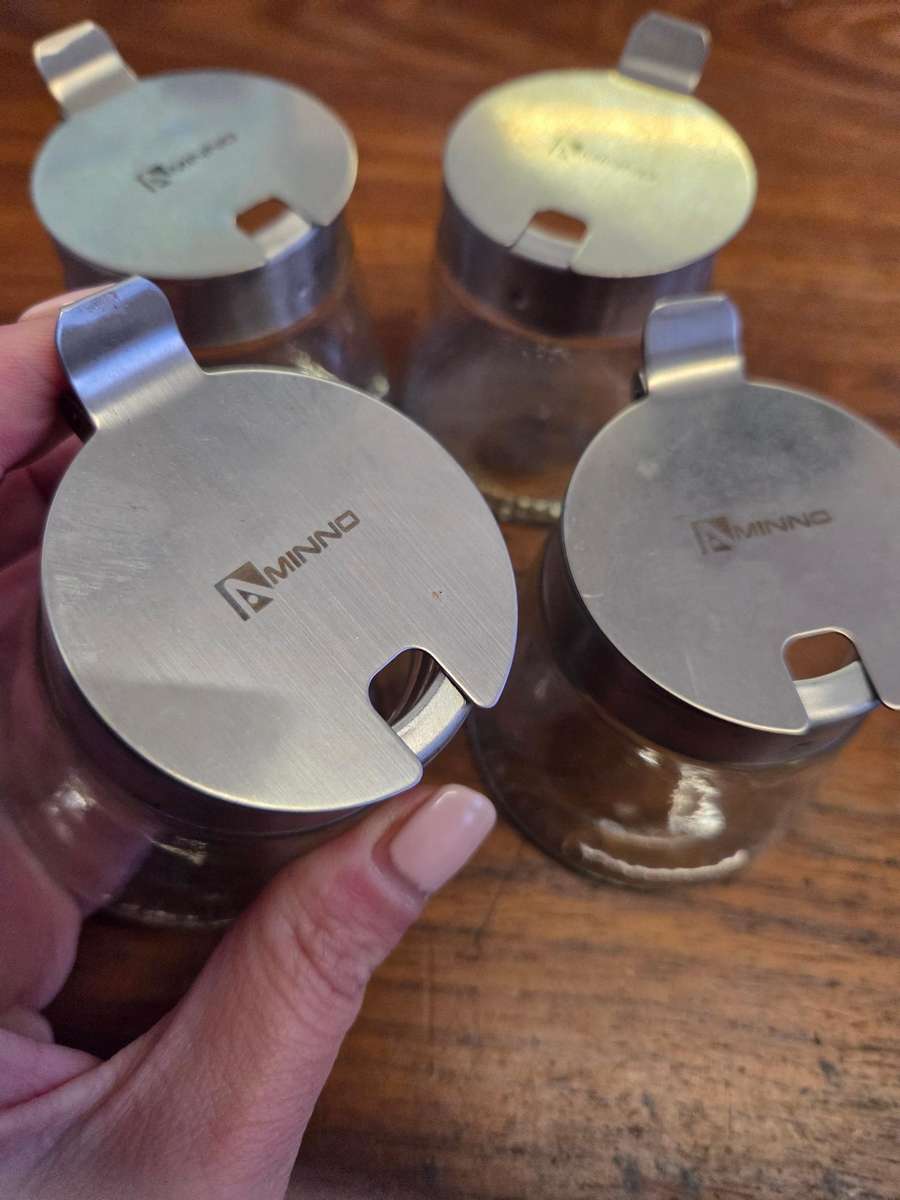 4 x Aminno Glass containers / Sugar bowls / Jam jars with metal lids - Height - 7cm