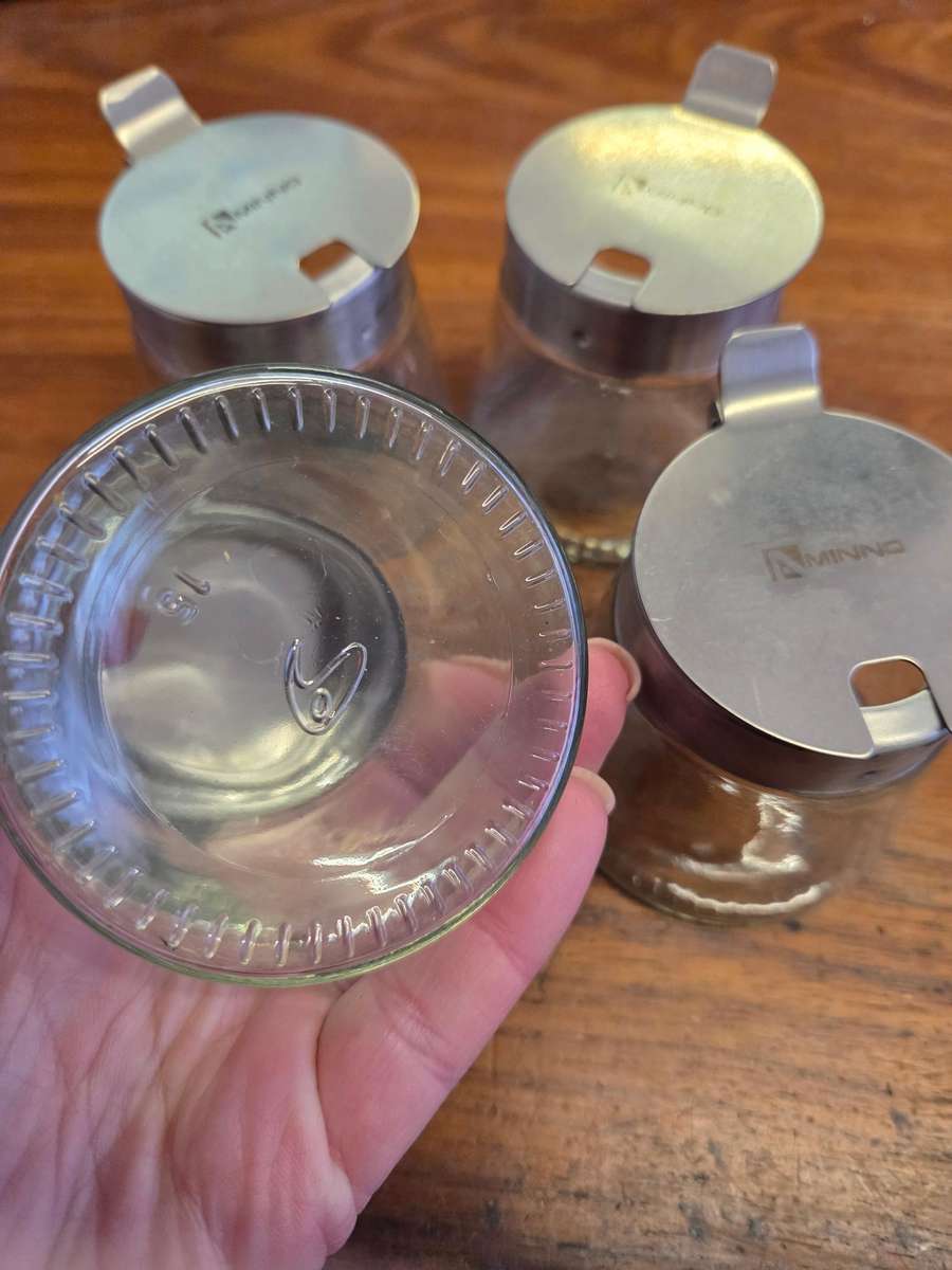 4 x Aminno Glass containers / Sugar bowls / Jam jars with metal lids - Height - 7cm