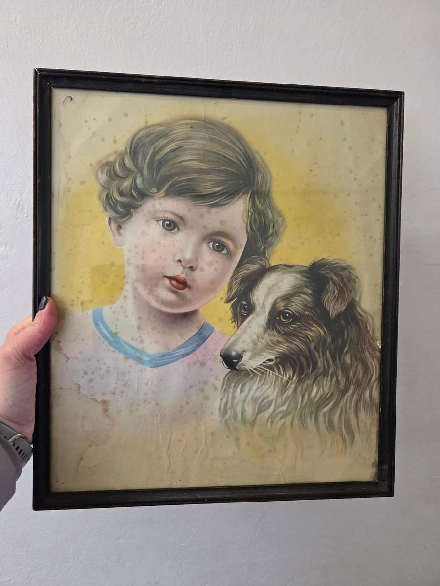 Beautiful Vintage print - child with dog in vintage Wooden Frame - Yellow marks due to age - 38x33cm