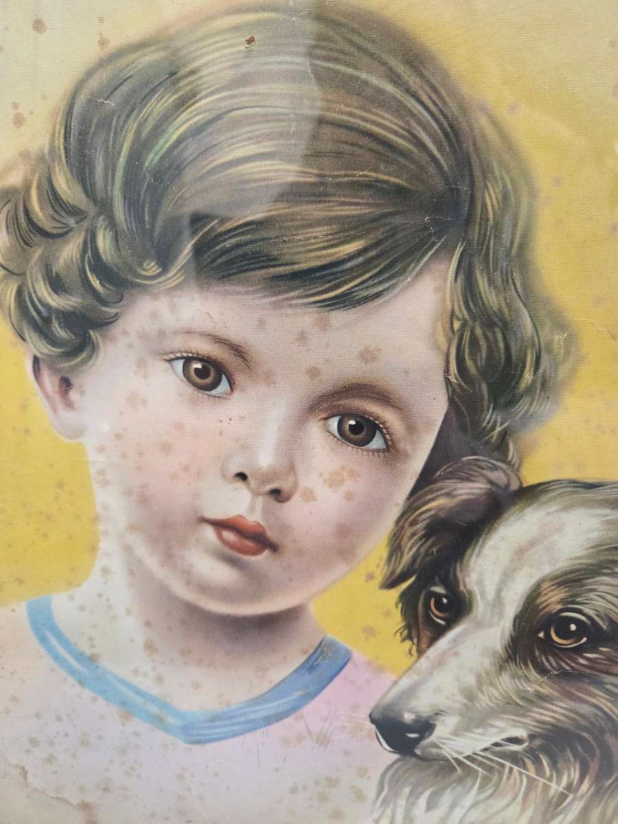 Beautiful Vintage print - child with dog in vintage Wooden Frame - Yellow marks due to age - 38x33cm