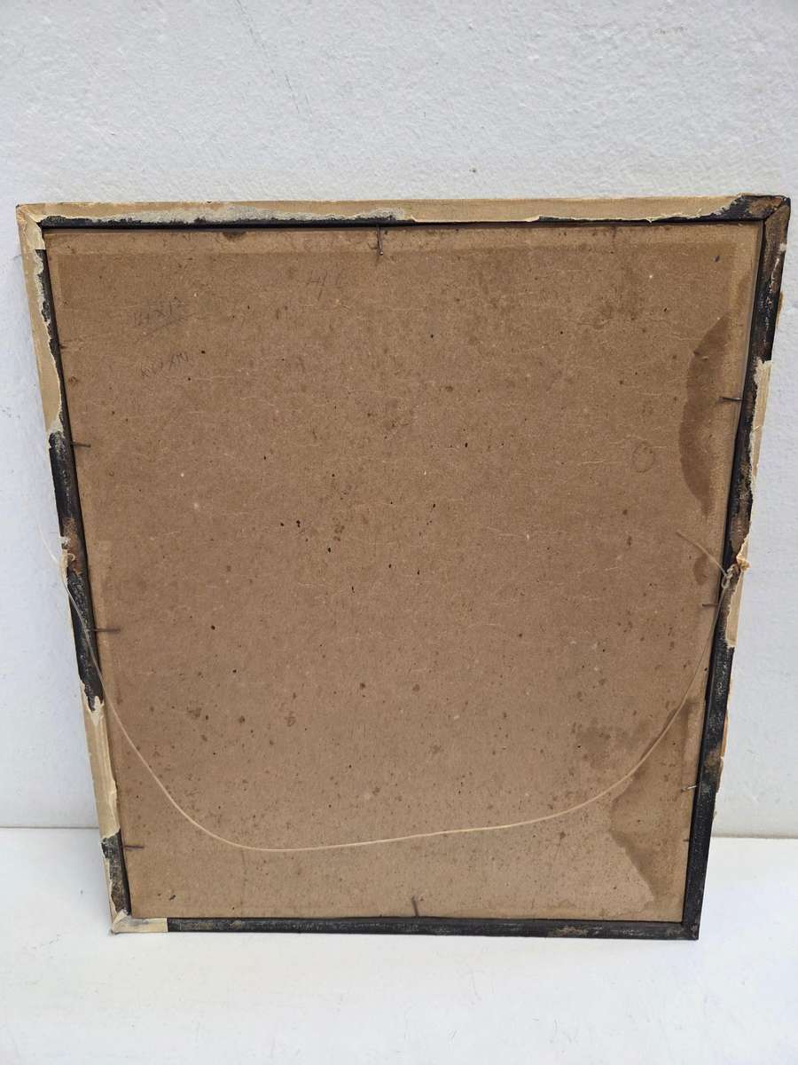 Beautiful Vintage print - child with dog in vintage Wooden Frame - Yellow marks due to age - 38x33cm