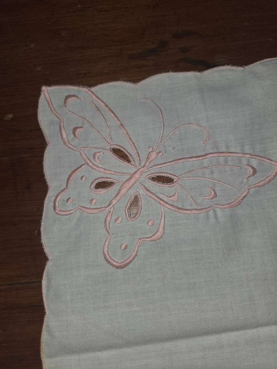 Vintage Embroidered Tea Tray Cloth with butterfly detail