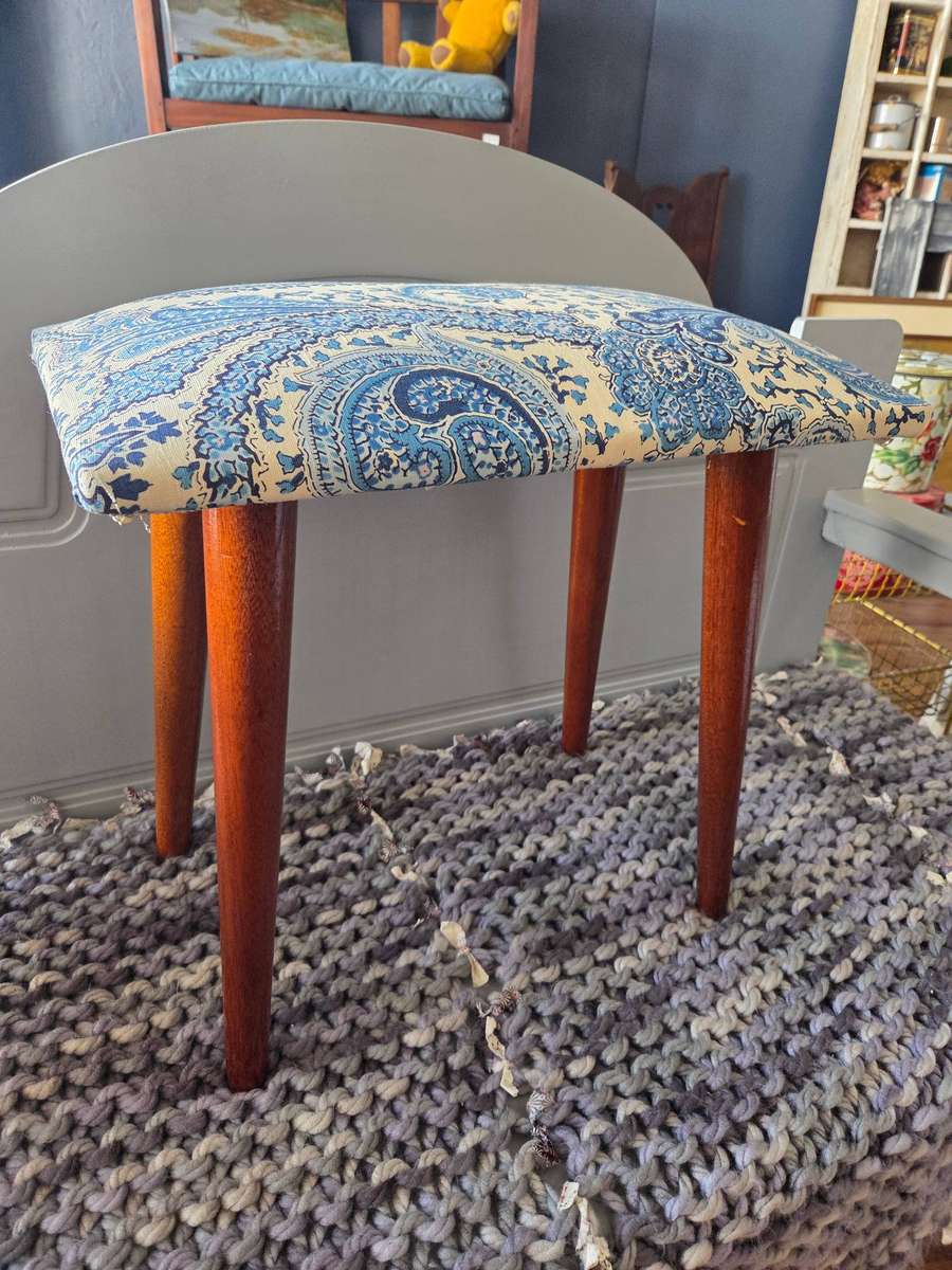Vintage Retro Piano or Dresser Stool - wooden legs - Newly Upholstered -Legs screws out