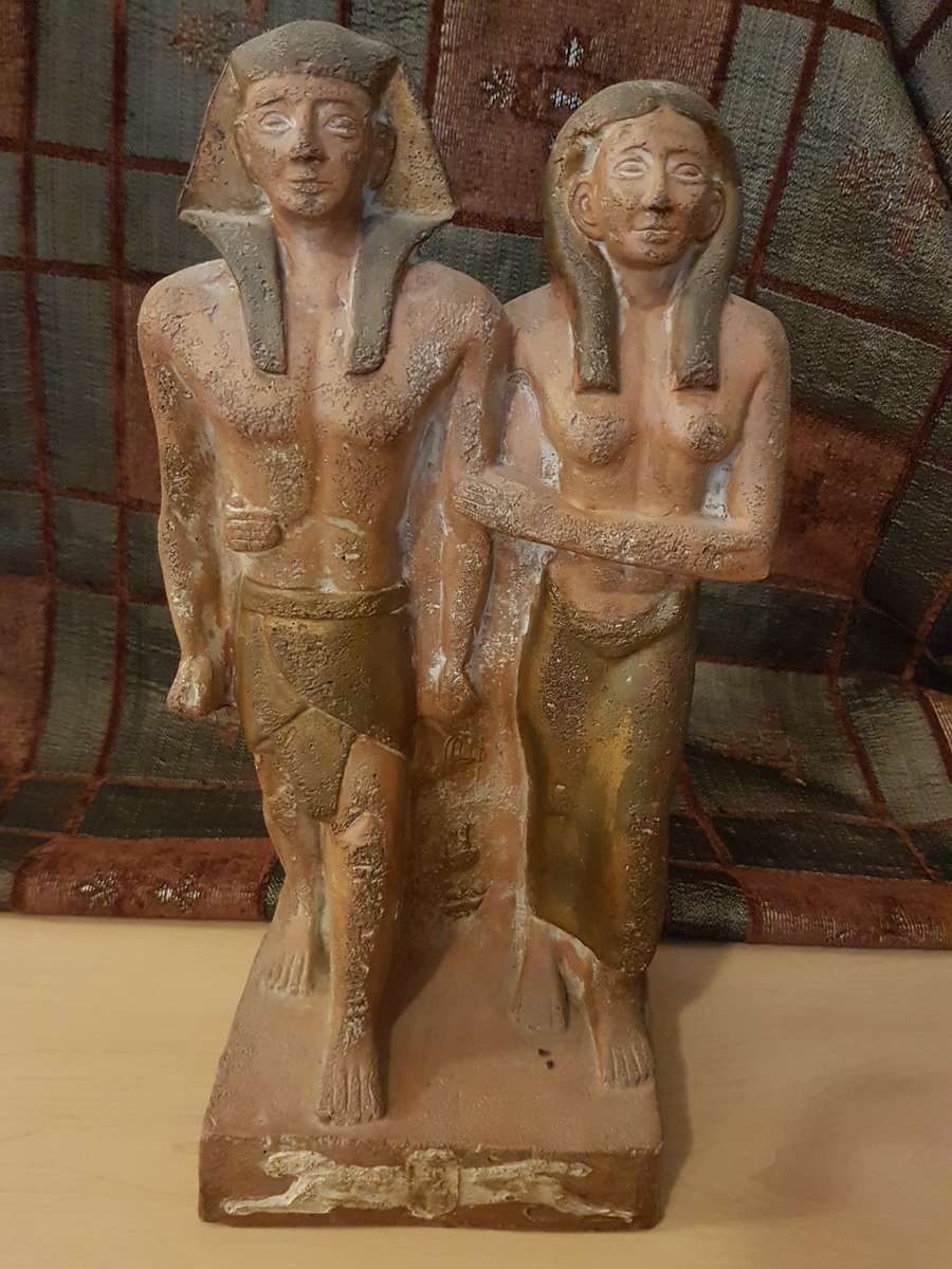 Egyptian Terracota Statue Menkaure and His Queen (Height 36cm)