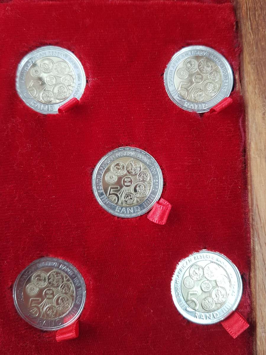 5 x SA Reserve Bank 100 year anniversary and Mandela 2008 R5 coins