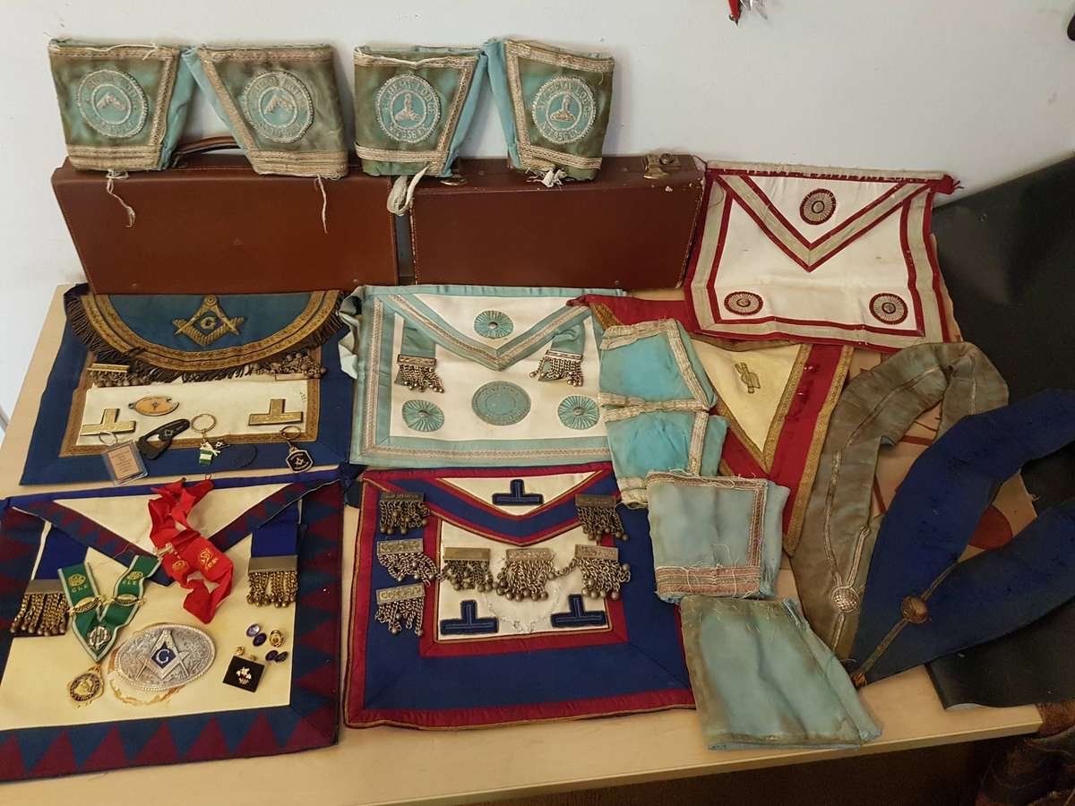 Masonic Regalia Incl Aprons, Gauntlets, Collars, Pins, Badges, Belt Buckle in 2 Leather Suitcases