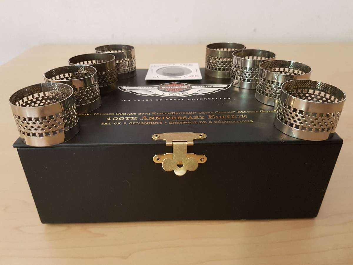 Harley Davidson Gift Box + 8 x Napkin Rings + 1906 Norway 2 Ore Coin