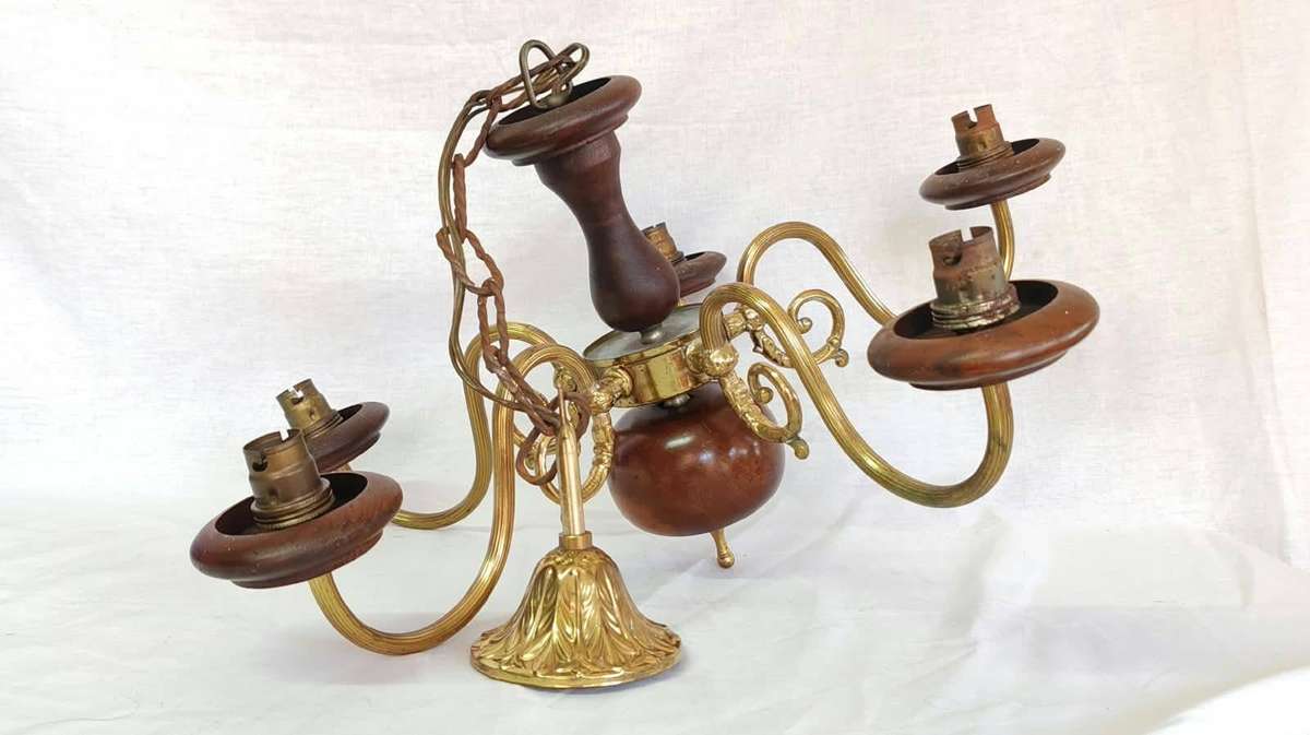 Vintage 5-Arm Wood & Brass Chandelier Pendant Light