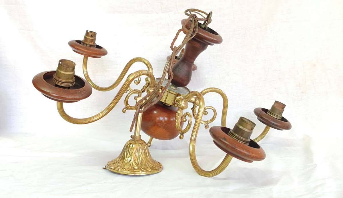 Vintage 5-Arm Wood & Brass Chandelier Pendant Light