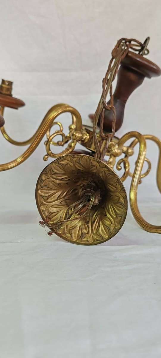 Vintage 5-Arm Wood & Brass Chandelier Pendant Light