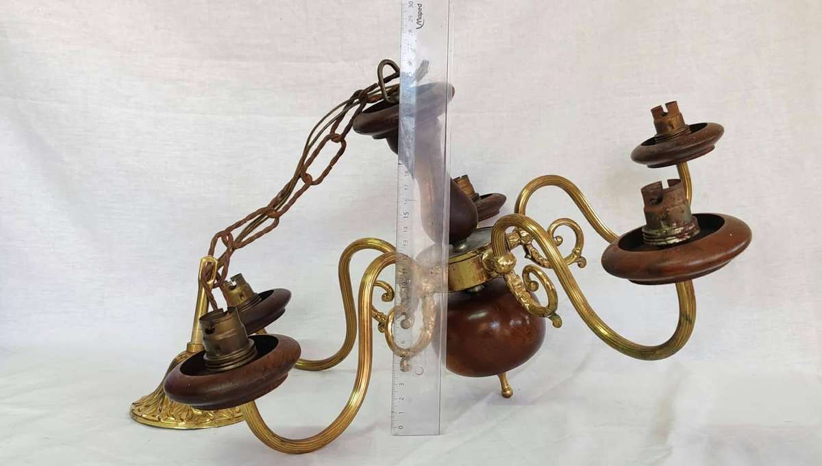 Vintage 5-Arm Wood & Brass Chandelier Pendant Light