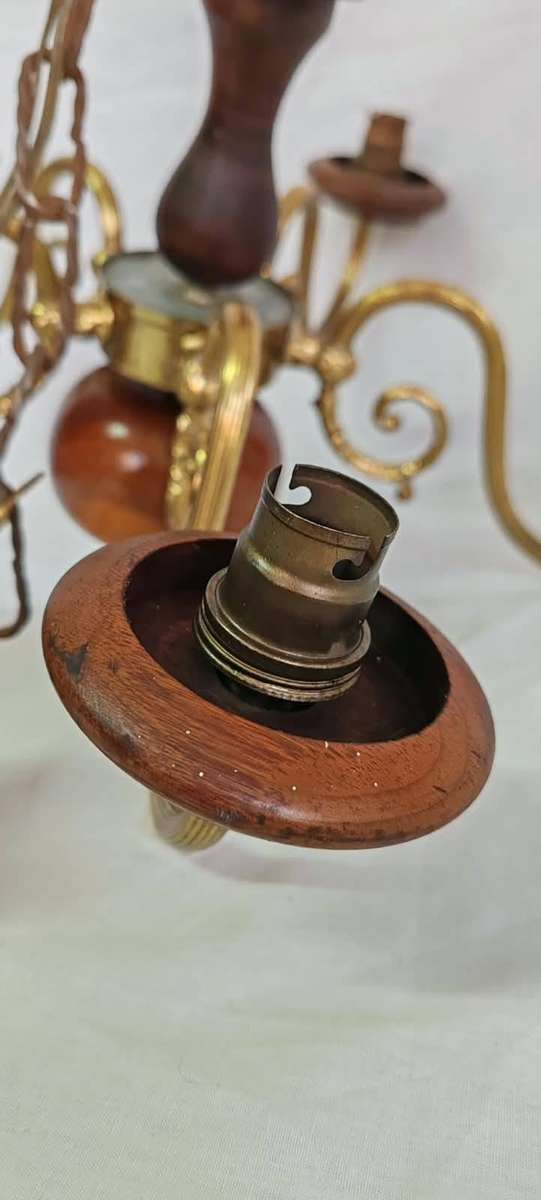 Vintage 5-Arm Wood & Brass Chandelier Pendant Light