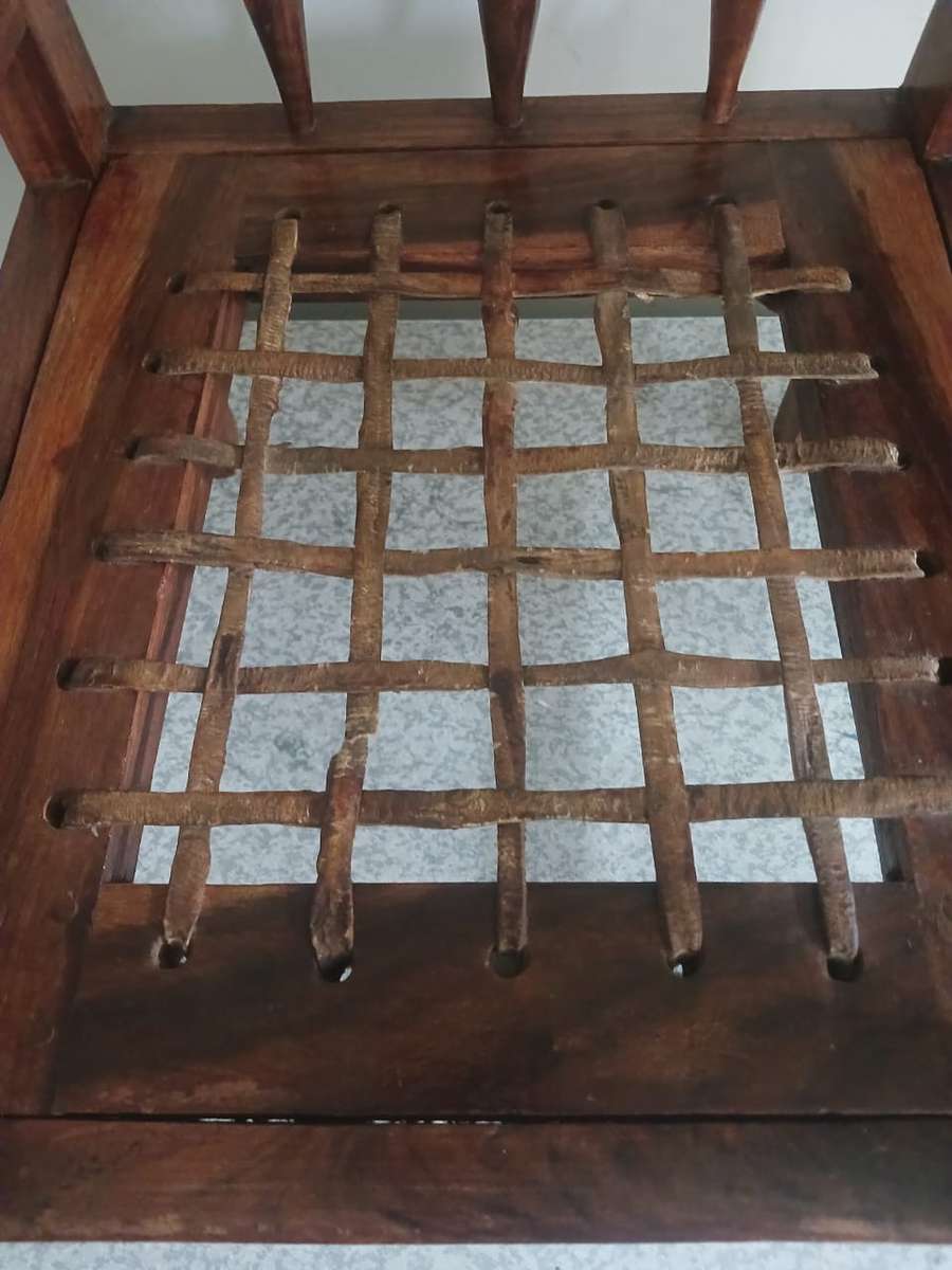 Antique Wood & Leather Kiddies Riempie Chair! See photos.