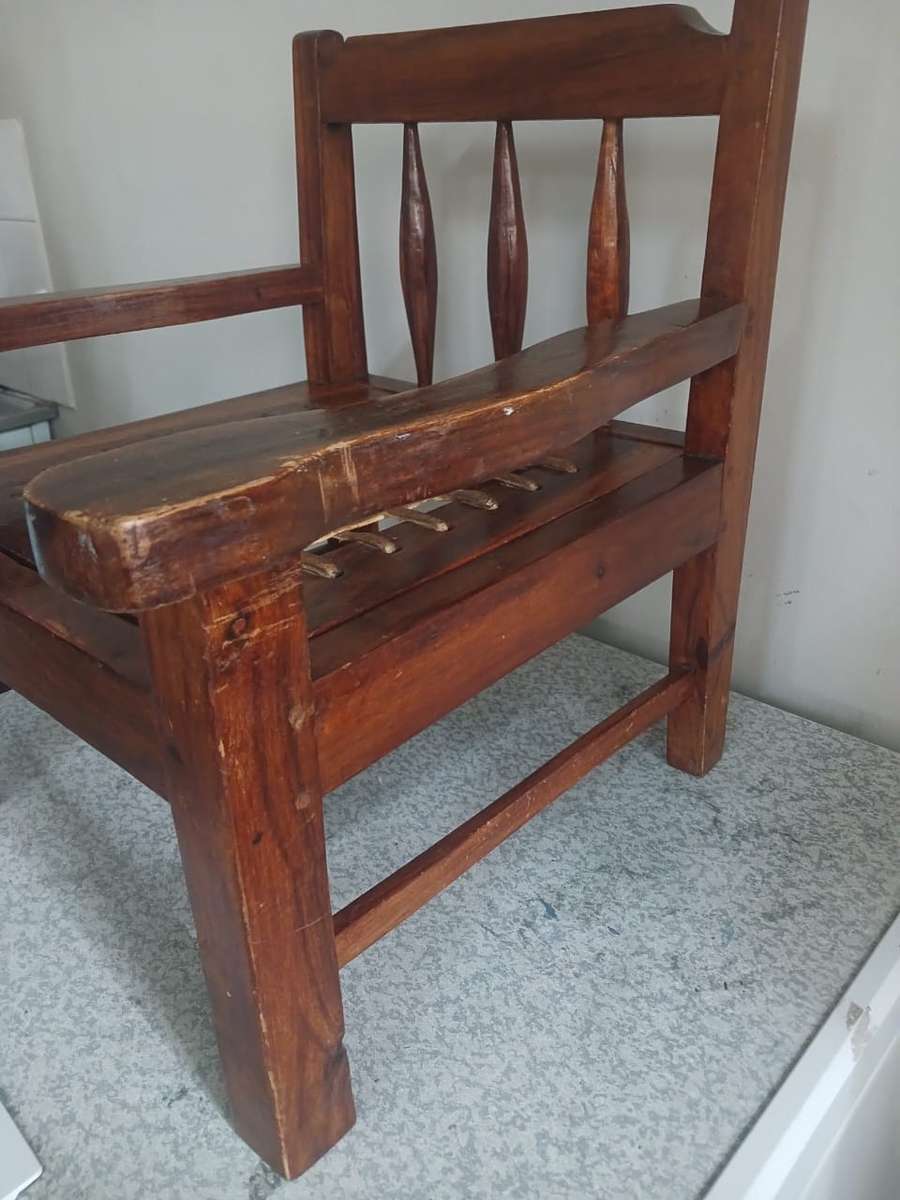 Antique Wood & Leather Kiddies Riempie Chair! See photos.