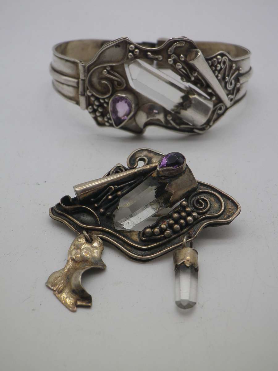 950 Silver 950 Amethyst & Natural Quartz Crystal brooch & bangle. Made in Peru. Spectacular