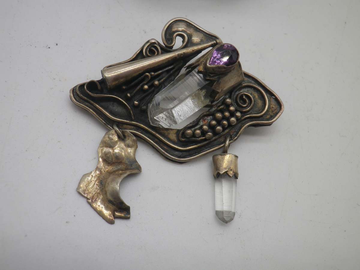 950 Silver 950 Amethyst & Natural Quartz Crystal brooch & bangle. Made in Peru. Spectacular