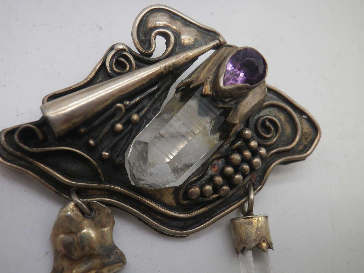 950 Silver 950 Amethyst & Natural Quartz Crystal brooch & bangle. Made in Peru. Spectacular