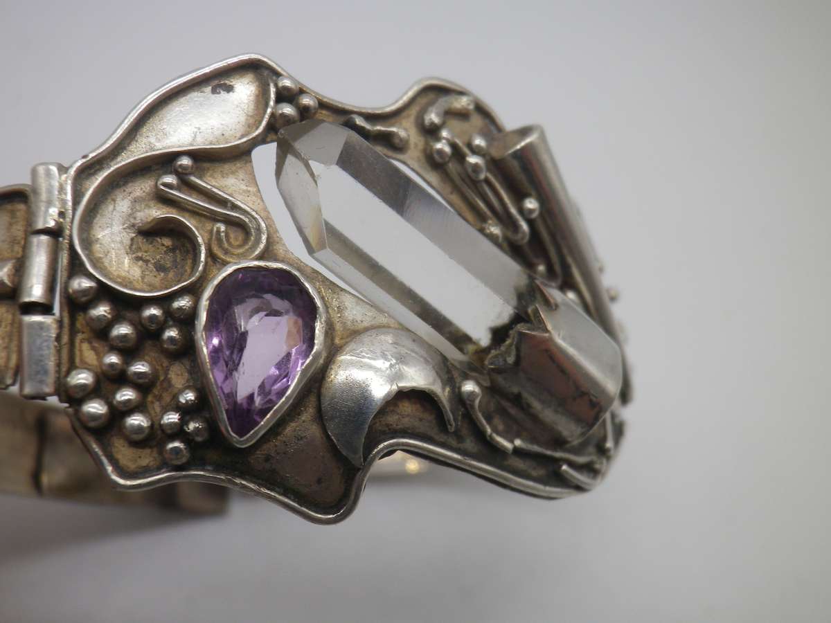 950 Silver 950 Amethyst & Natural Quartz Crystal brooch & bangle. Made in Peru. Spectacular