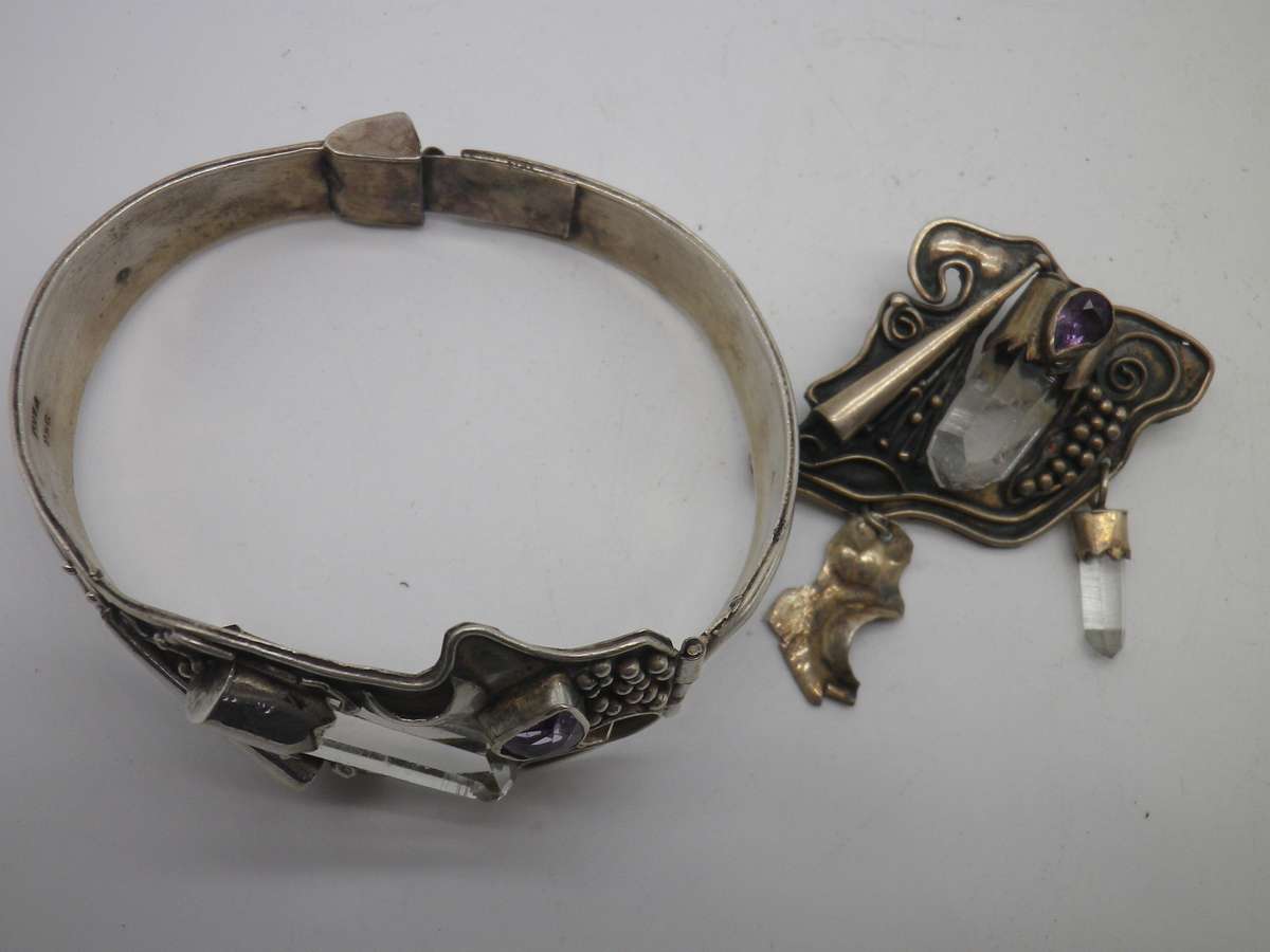 950 Silver 950 Amethyst & Natural Quartz Crystal brooch & bangle. Made in Peru. Spectacular
