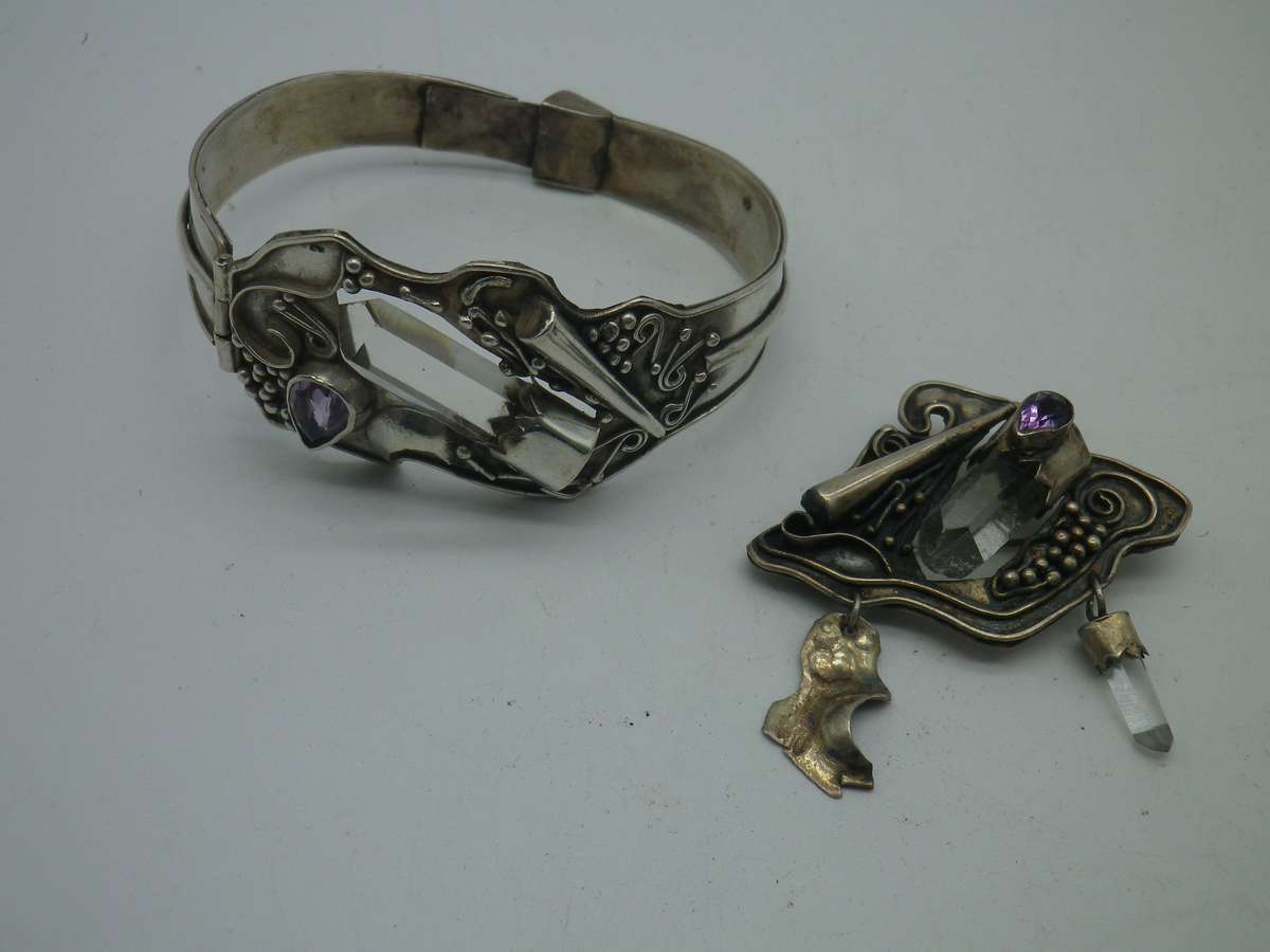 950 Silver 950 Amethyst & Natural Quartz Crystal brooch & bangle. Made in Peru. Spectacular