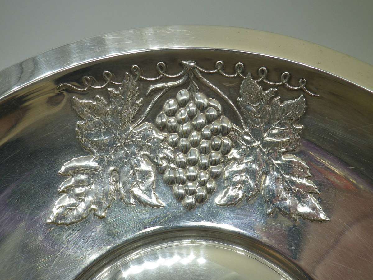 Large Vintage Silver Plate on Brass GRAPE or fruit pedestal Bowl. Made in Sweden. 32cm