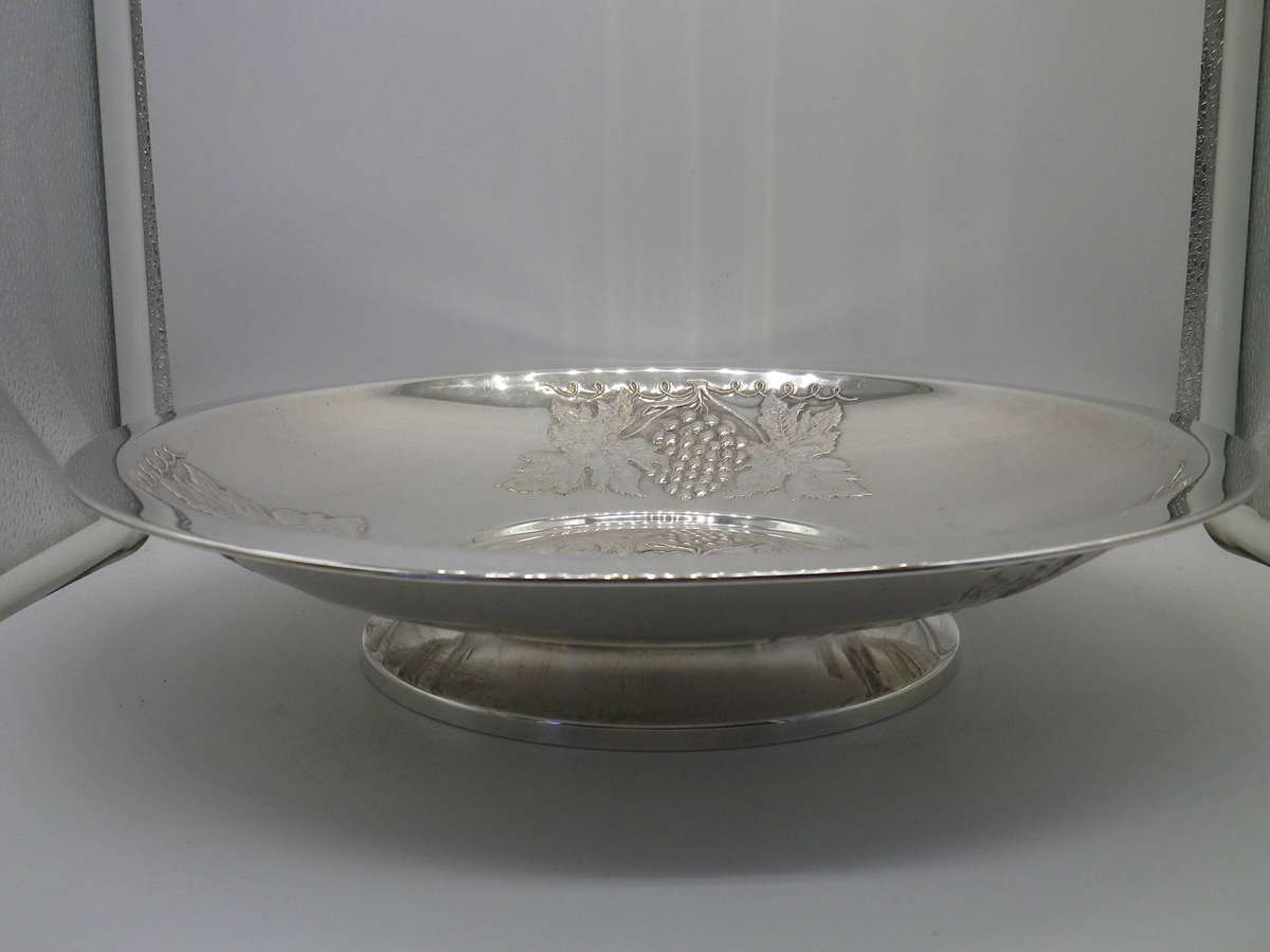Large Vintage Silver Plate on Brass GRAPE or fruit pedestal Bowl. Made in Sweden. 32cm
