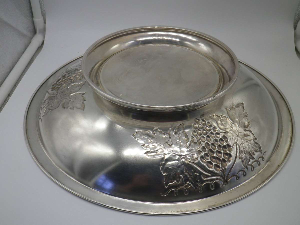 Large Vintage Silver Plate on Brass GRAPE or fruit pedestal Bowl. Made in Sweden. 32cm
