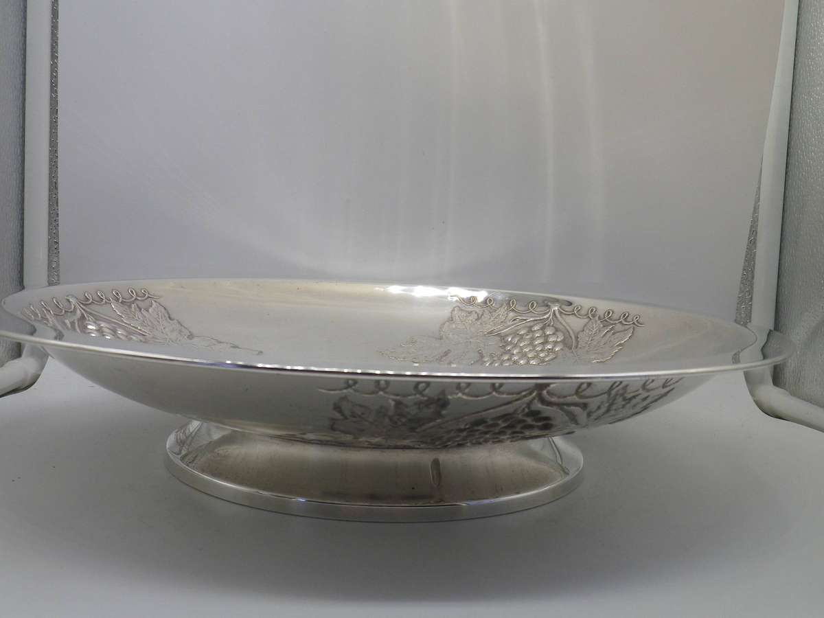 Large Vintage Silver Plate on Brass GRAPE or fruit pedestal Bowl. Made in Sweden. 32cm