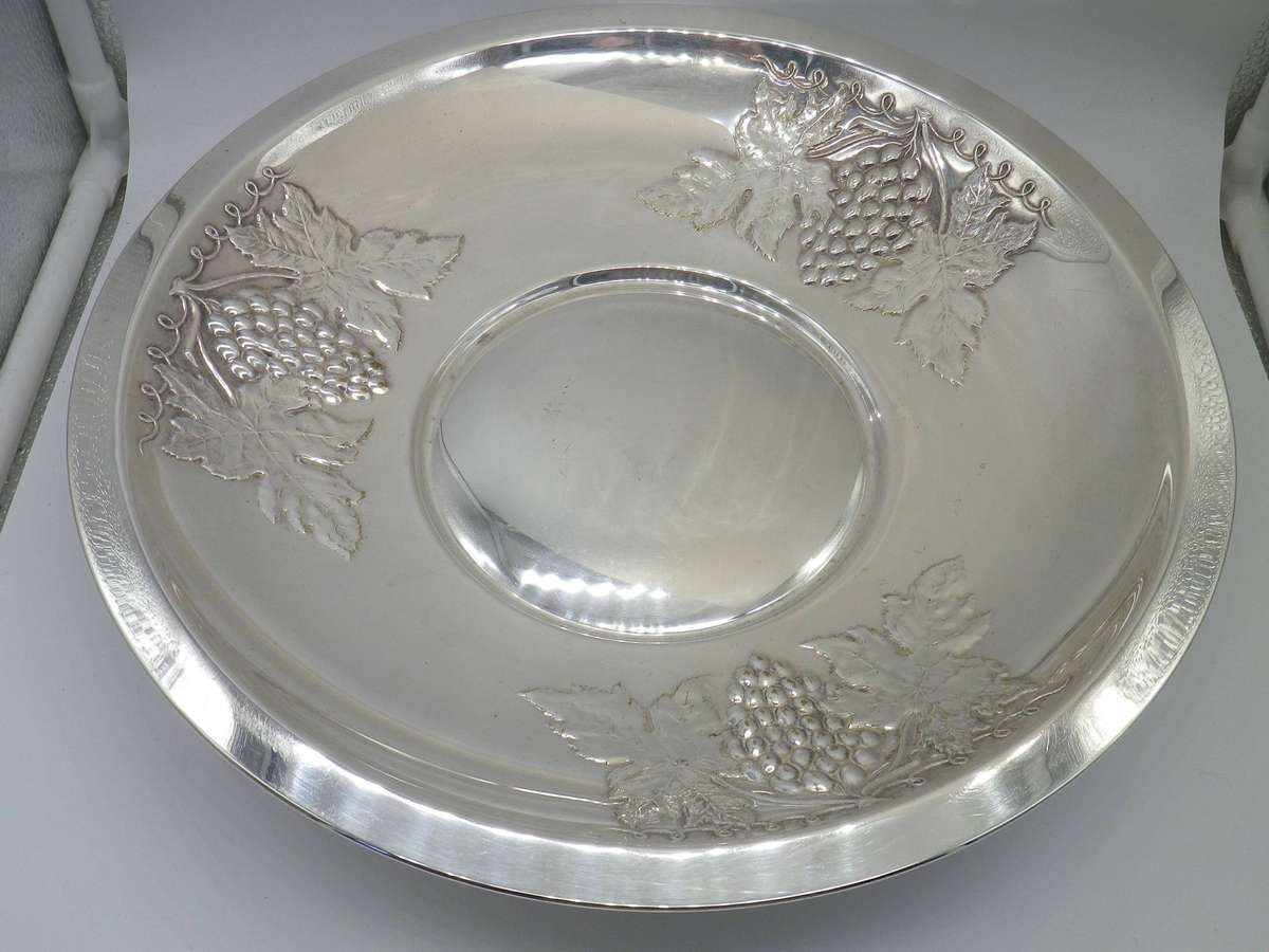 Large Vintage Silver Plate on Brass GRAPE or fruit pedestal Bowl. Made in Sweden. 32cm