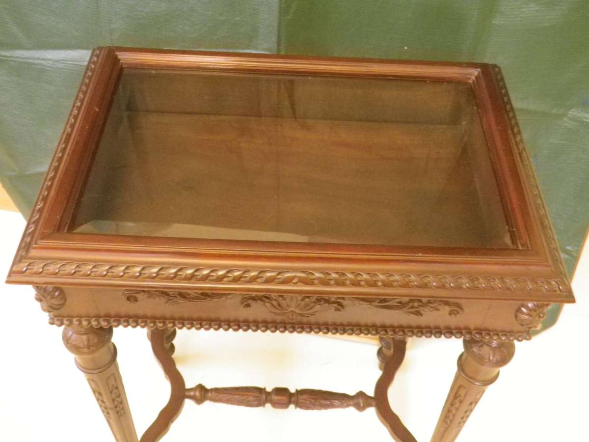 Ornate Wooden Vitrine Display Case with Bevelled Glass Top