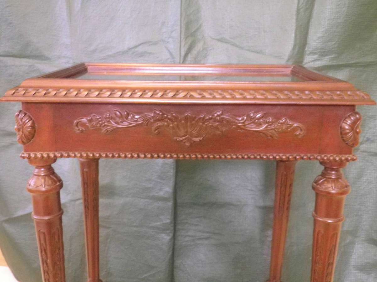 Ornate Wooden Vitrine Display Case with Bevelled Glass Top