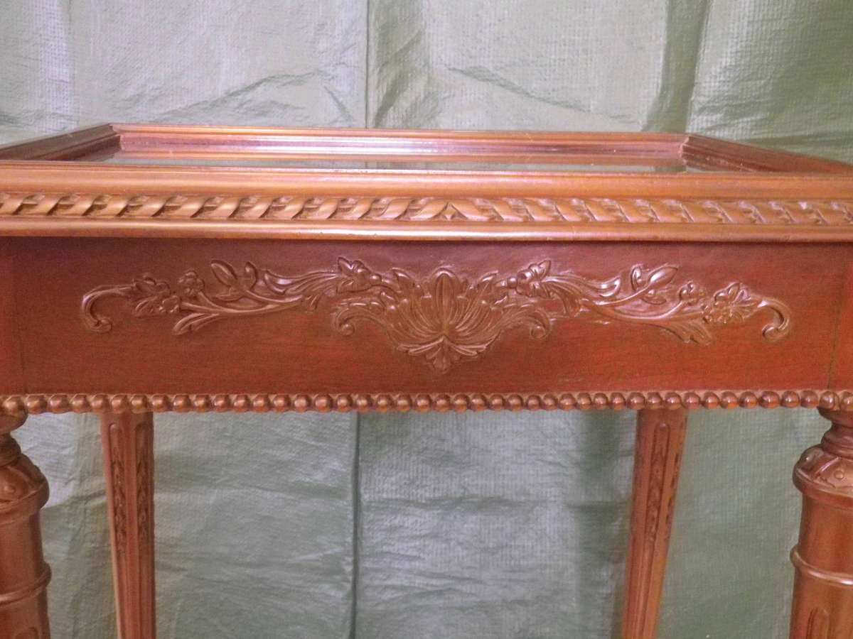 Ornate Wooden Vitrine Display Case with Bevelled Glass Top