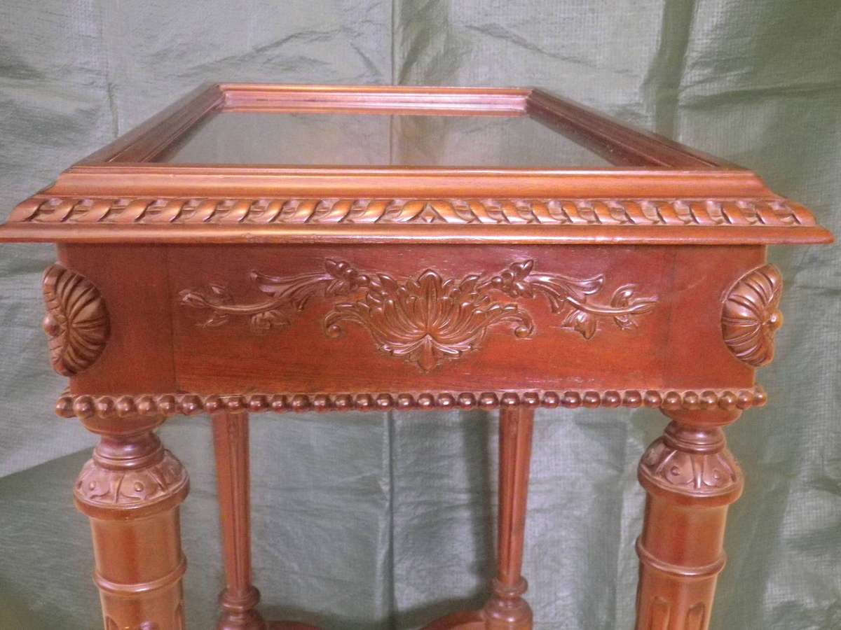 Ornate Wooden Vitrine Display Case with Bevelled Glass Top