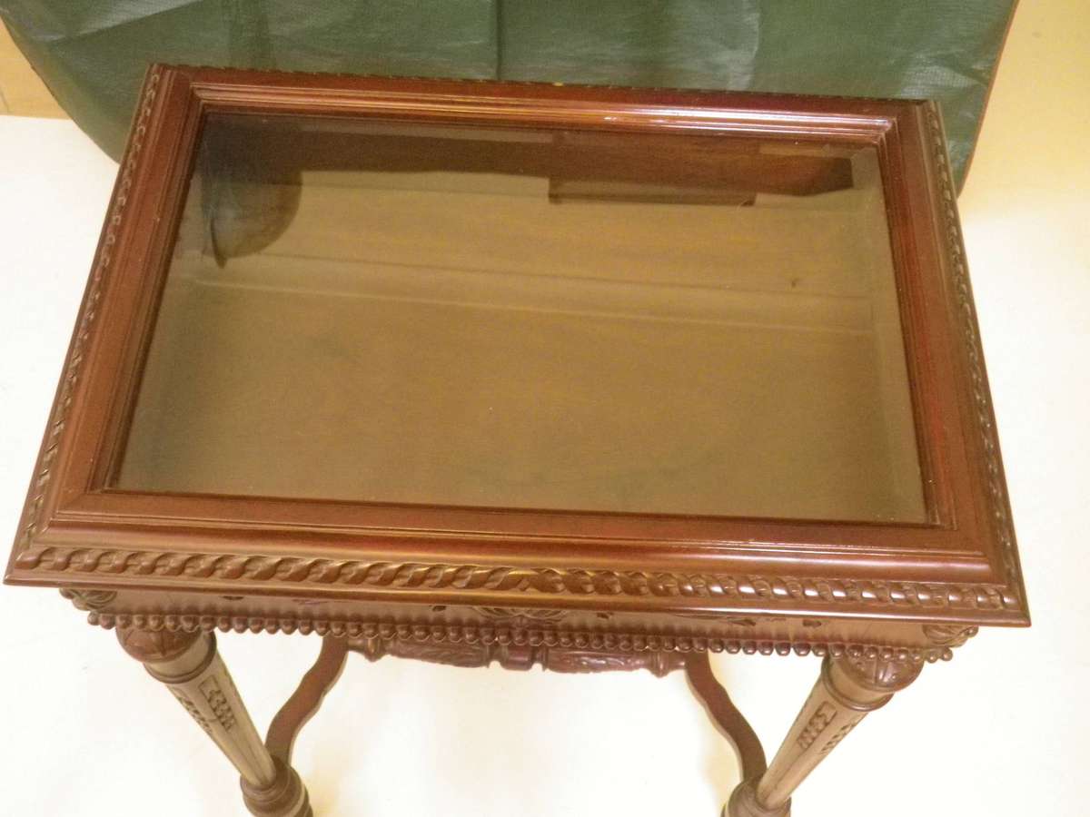 Ornate Wooden Vitrine Display Case with Bevelled Glass Top