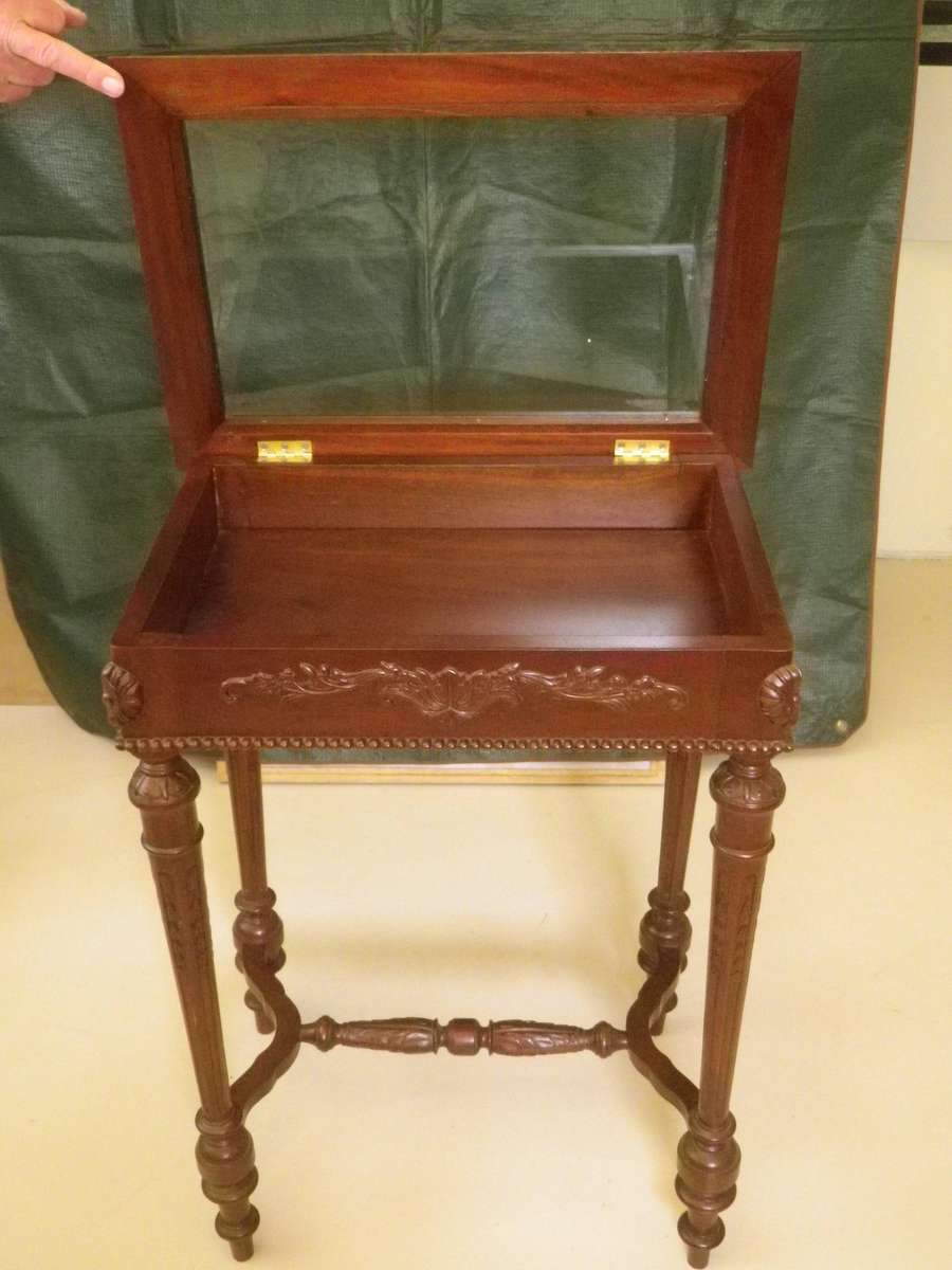 Ornate Wooden Vitrine Display Case with Bevelled Glass Top