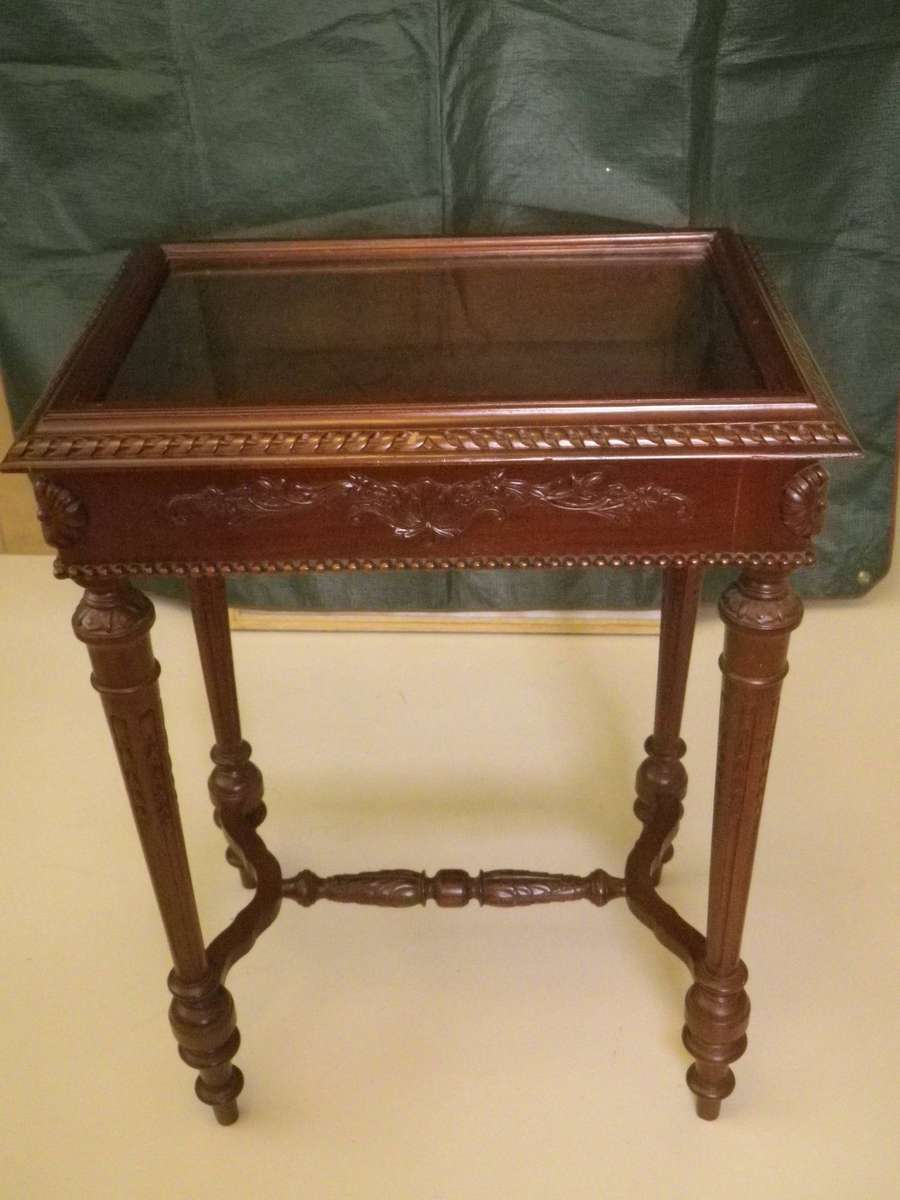 Ornate Wooden Vitrine Display Case with Bevelled Glass Top