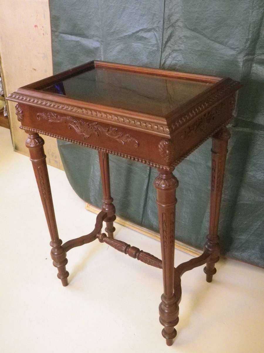 Ornate Wooden Vitrine Display Case with Bevelled Glass Top